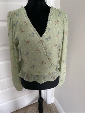 SO Sage Green Floral Blouse with Ruffle Trim